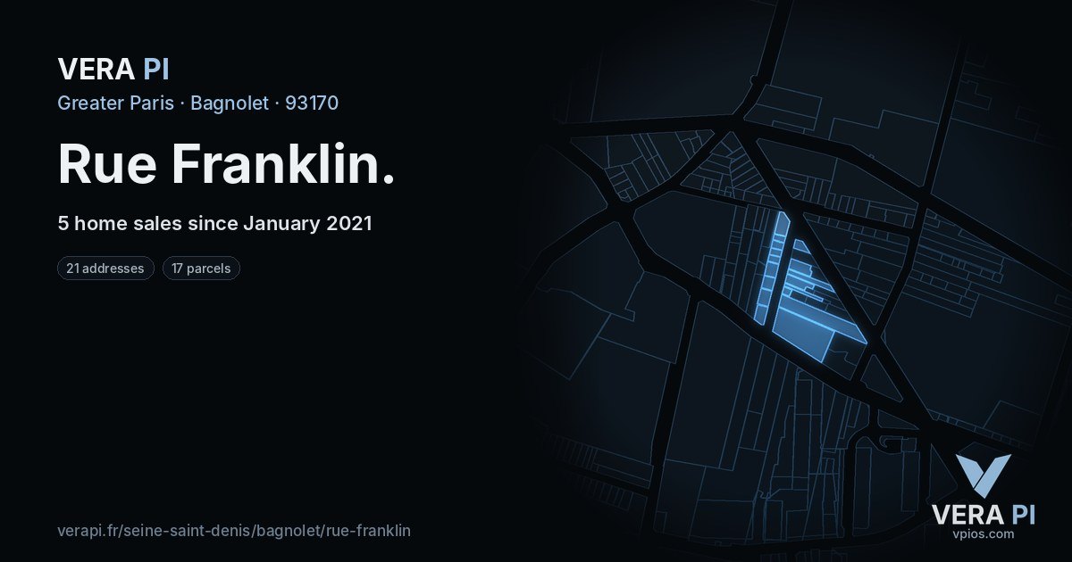 Rue Franklin, Bagnolet at night – every parcel coloured by the prices around it, the street's own parcels lit