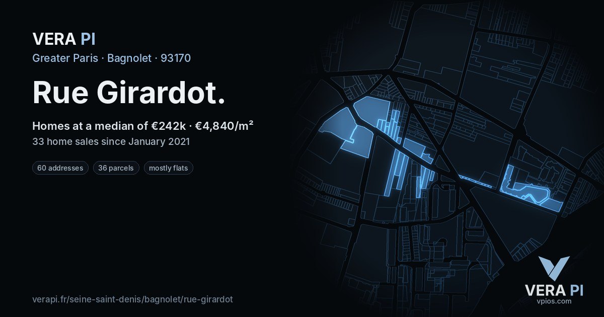 Rue Girardot, Bagnolet at night – every parcel coloured by the prices around it, the street's own parcels lit