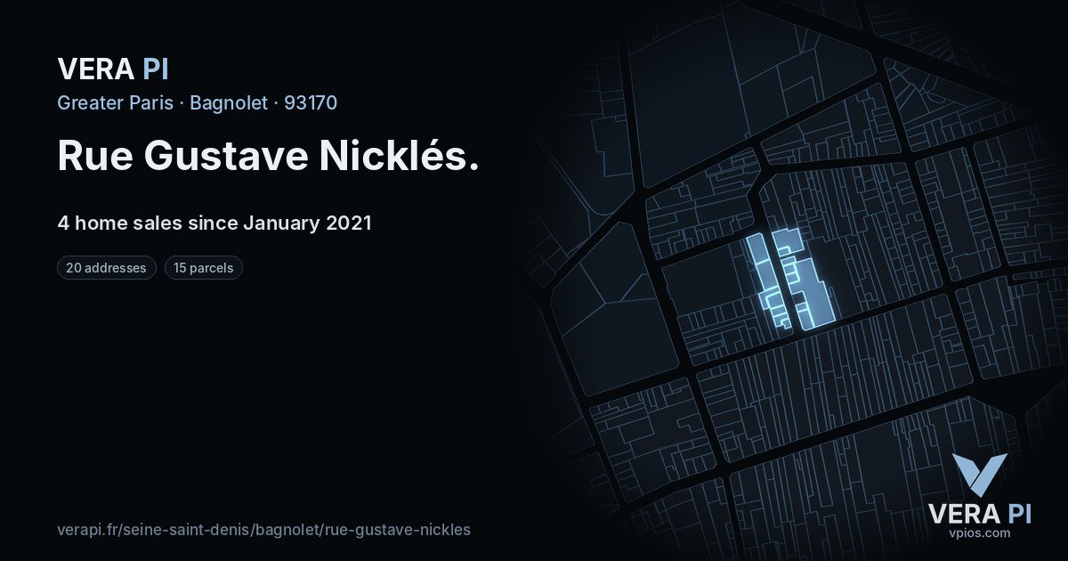 Rue Gustave Nicklés, Bagnolet at night – every parcel coloured by the prices around it, the street's own parcels lit