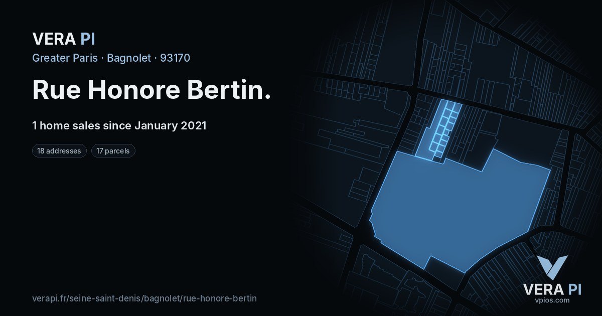 Rue Honore Bertin, Bagnolet at night – every parcel coloured by the prices around it, the street's own parcels lit