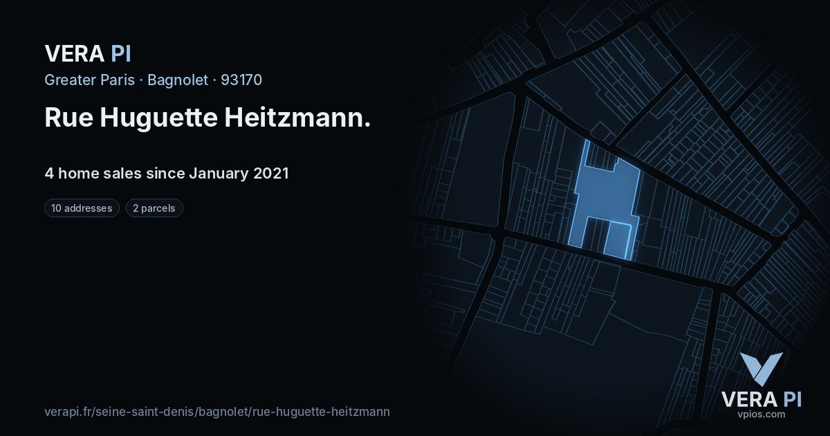 Rue Huguette Heitzmann, Bagnolet at night – every parcel coloured by the prices around it, the street's own parcels lit