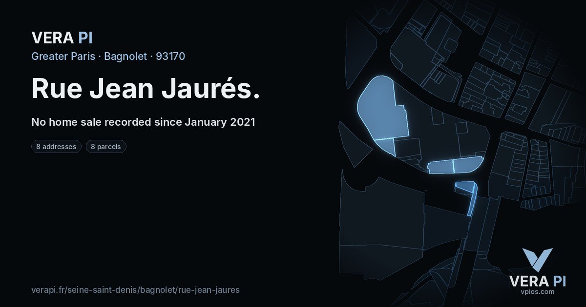 Rue Jean Jaurés, Bagnolet at night – every parcel coloured by the prices around it, the street's own parcels lit