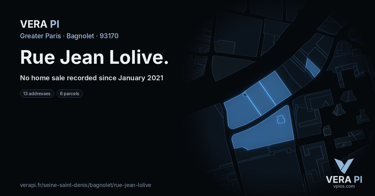 Rue Jean Lolive, Bagnolet at night – every parcel coloured by the prices around it, the street's own parcels lit
