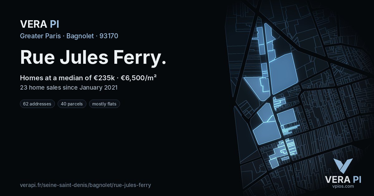 Rue Jules Ferry, Bagnolet at night – every parcel coloured by the prices around it, the street's own parcels lit