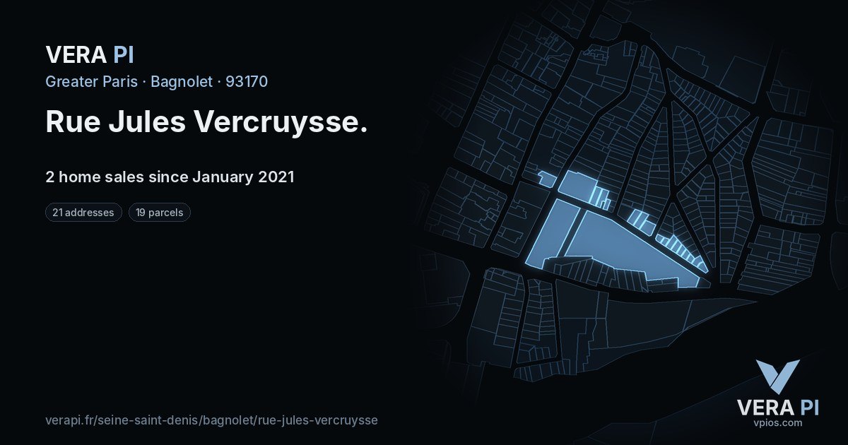 Rue Jules Vercruysse, Bagnolet at night – every parcel coloured by the prices around it, the street's own parcels lit