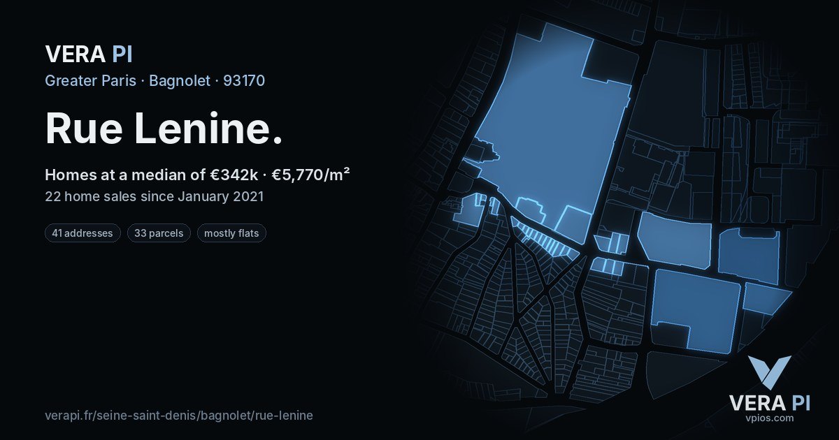 Rue Lenine, Bagnolet at night – every parcel coloured by the prices around it, the street's own parcels lit