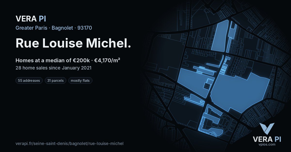 Rue Louise Michel, Bagnolet at night – every parcel coloured by the prices around it, the street's own parcels lit