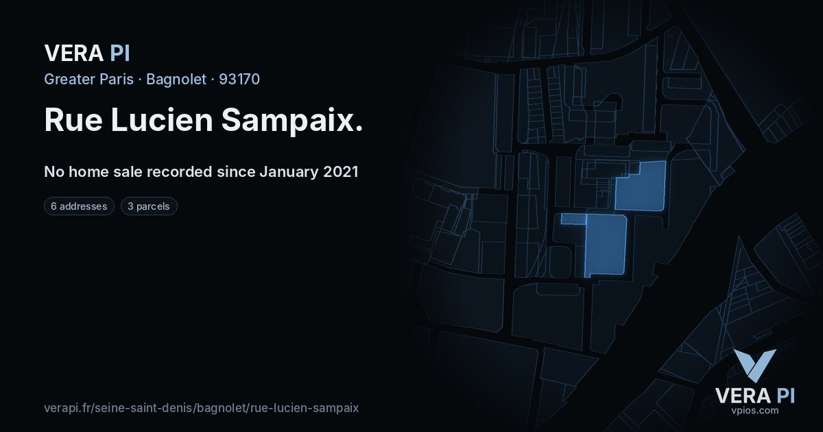 Rue Lucien Sampaix, Bagnolet at night – every parcel coloured by the prices around it, the street's own parcels lit