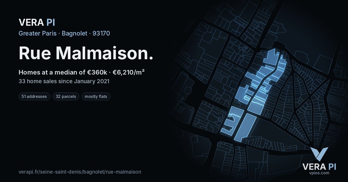 Rue Malmaison, Bagnolet at night – every parcel coloured by the prices around it, the street's own parcels lit