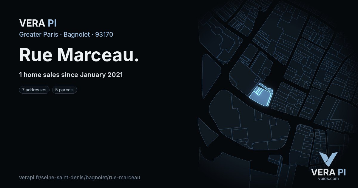 Rue Marceau, Bagnolet at night – every parcel coloured by the prices around it, the street's own parcels lit