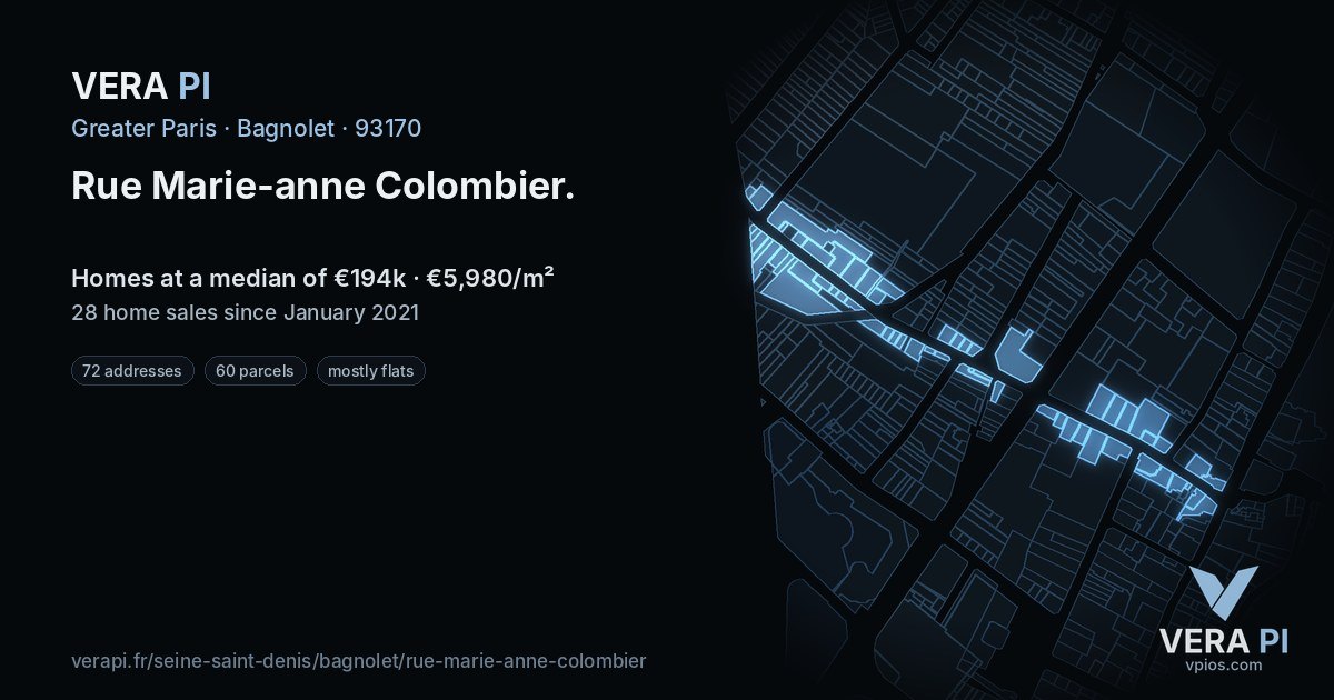Rue Marie-anne Colombier, Bagnolet at night – every parcel coloured by the prices around it, the street's own parcels lit