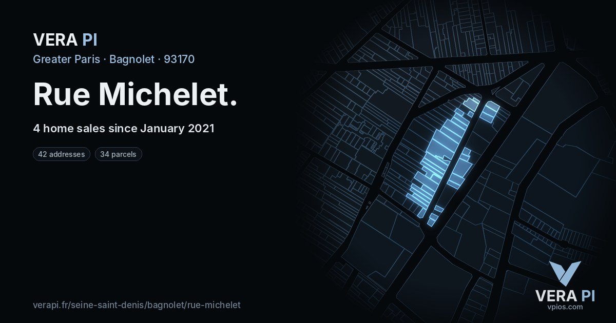 Rue Michelet, Bagnolet at night – every parcel coloured by the prices around it, the street's own parcels lit