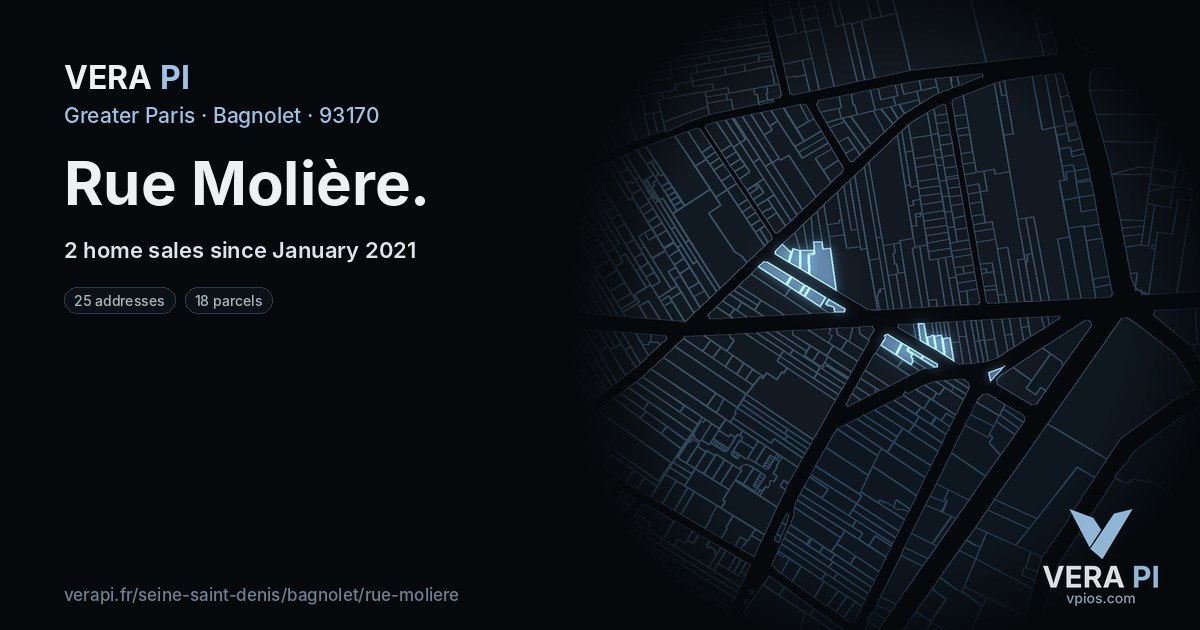 Rue Molière, Bagnolet at night – every parcel coloured by the prices around it, the street's own parcels lit