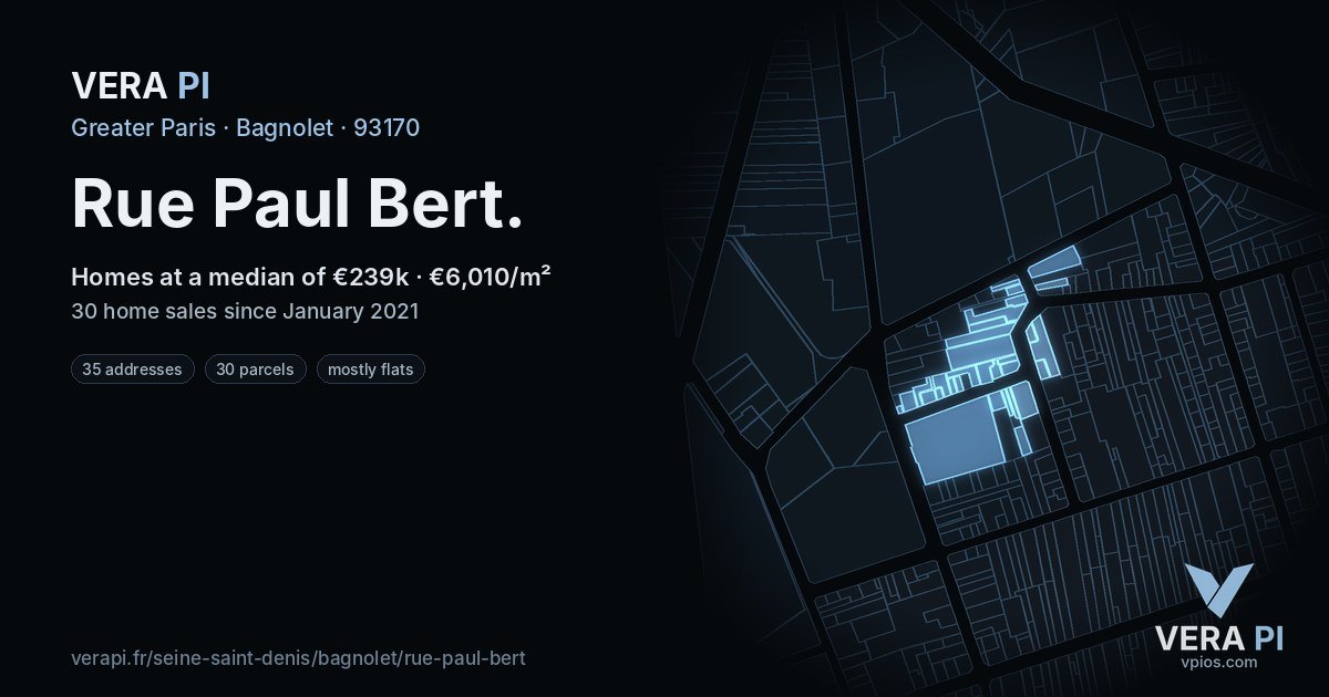 Rue Paul Bert, Bagnolet at night – every parcel coloured by the prices around it, the street's own parcels lit