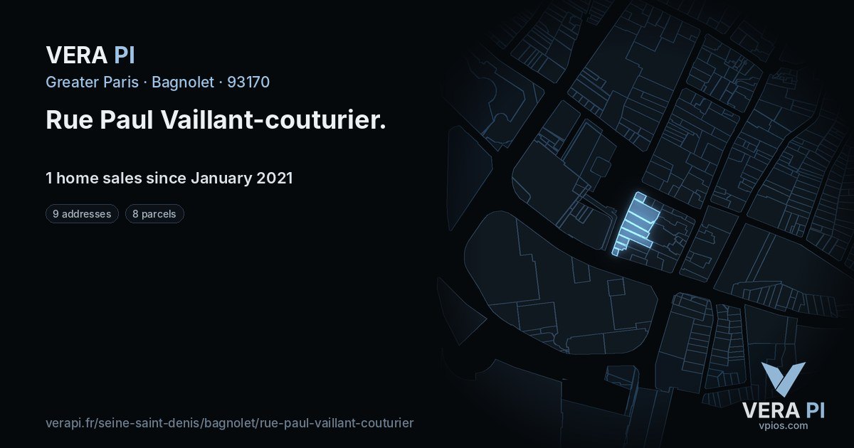 Rue Paul Vaillant-couturier, Bagnolet at night – every parcel coloured by the prices around it, the street's own parcels lit