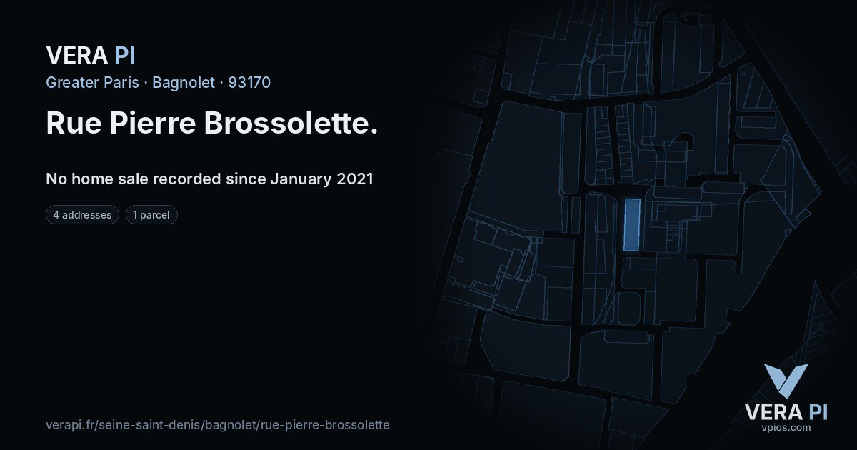 Rue Pierre Brossolette, Bagnolet at night – every parcel coloured by the prices around it, the street's own parcels lit