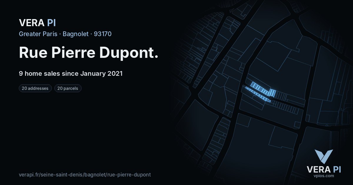 Rue Pierre Dupont, Bagnolet at night – every parcel coloured by the prices around it, the street's own parcels lit