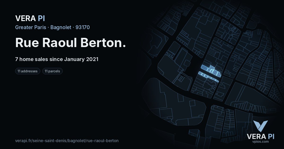 Rue Raoul Berton, Bagnolet at night – every parcel coloured by the prices around it, the street's own parcels lit