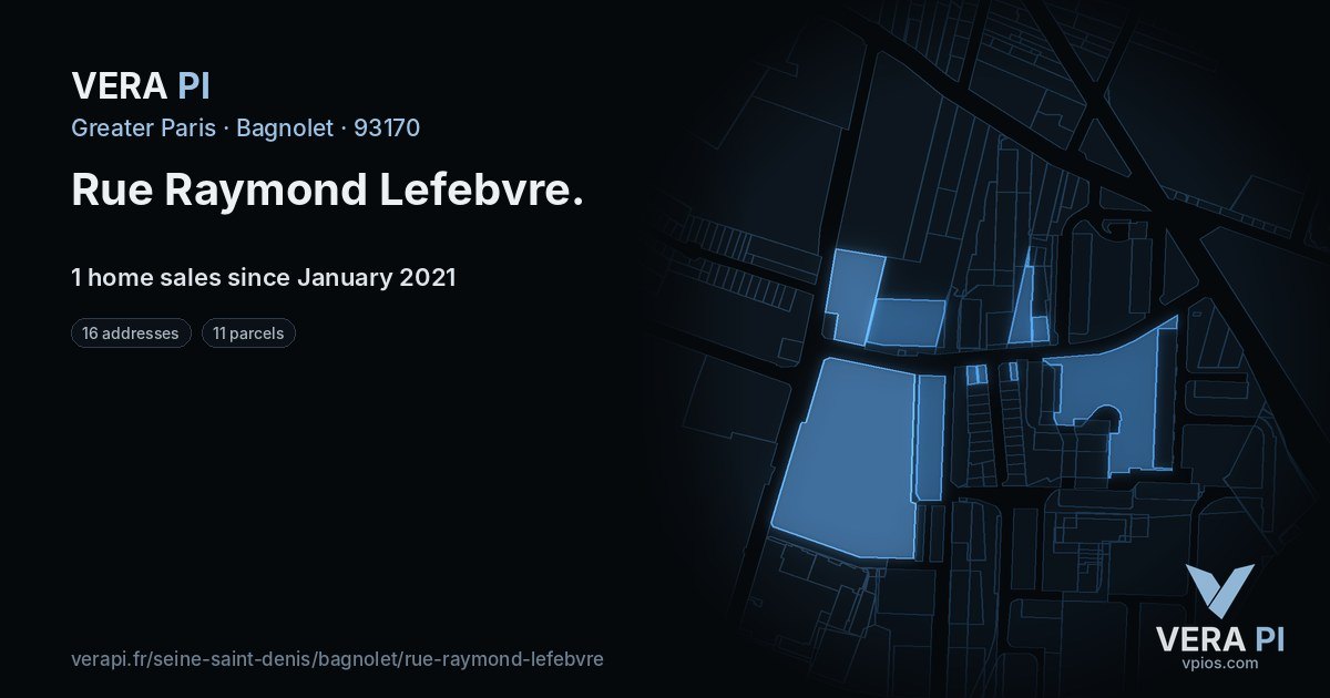 Rue Raymond Lefebvre, Bagnolet at night – every parcel coloured by the prices around it, the street's own parcels lit