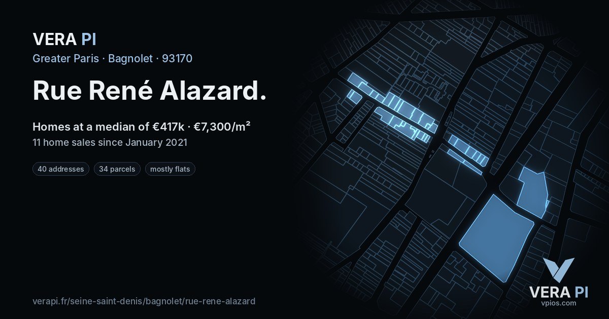Rue René Alazard, Bagnolet at night – every parcel coloured by the prices around it, the street's own parcels lit