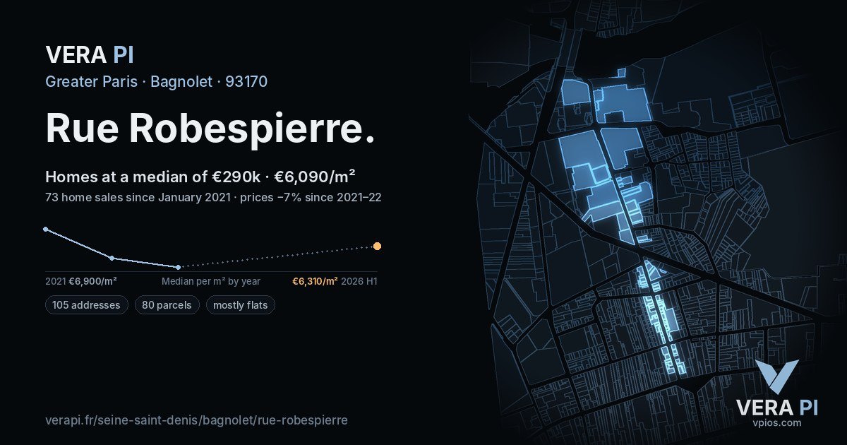 Rue Robespierre, Bagnolet at night – every parcel coloured by the prices around it, the street's own parcels lit