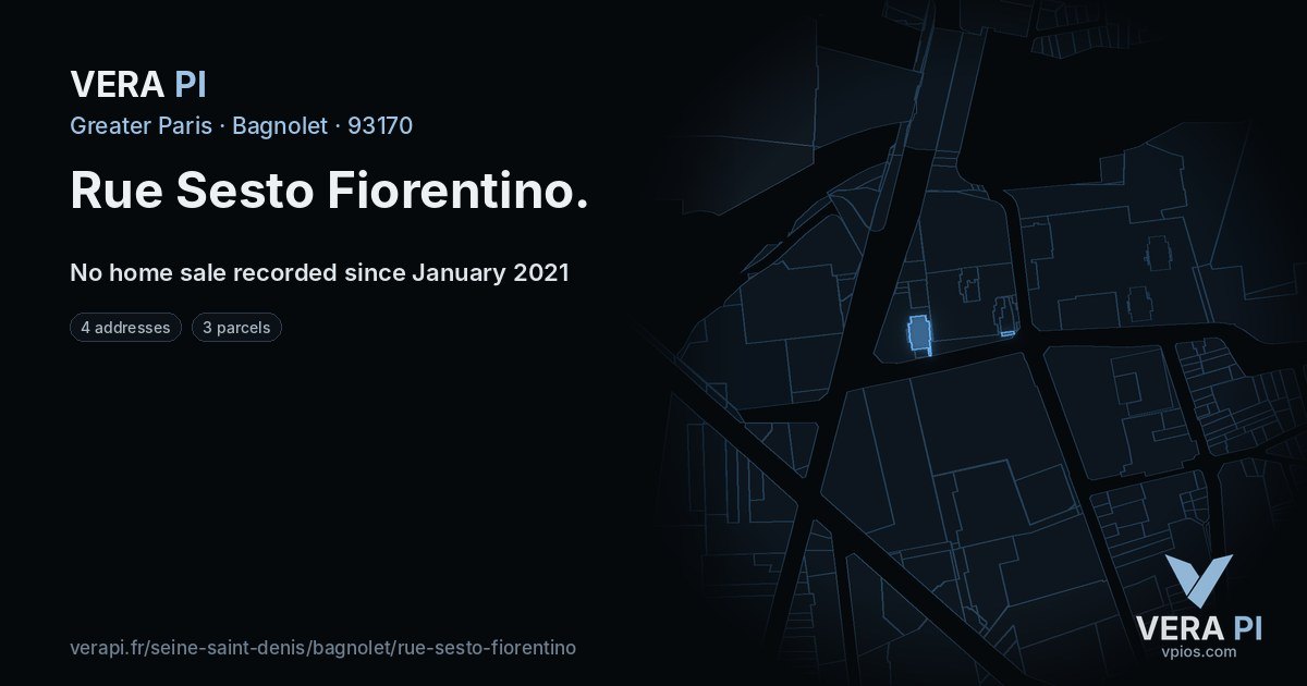 Rue Sesto Fiorentino, Bagnolet at night – every parcel coloured by the prices around it, the street's own parcels lit