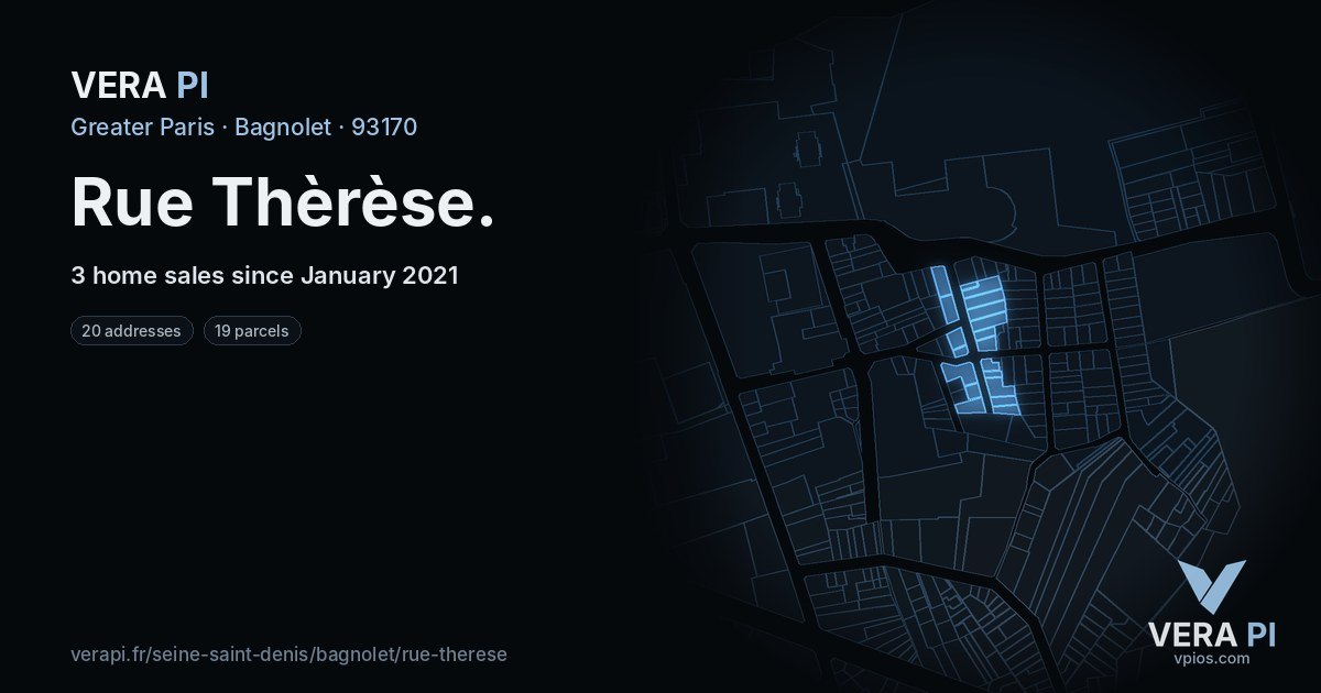 Rue Thèrèse, Bagnolet at night – every parcel coloured by the prices around it, the street's own parcels lit