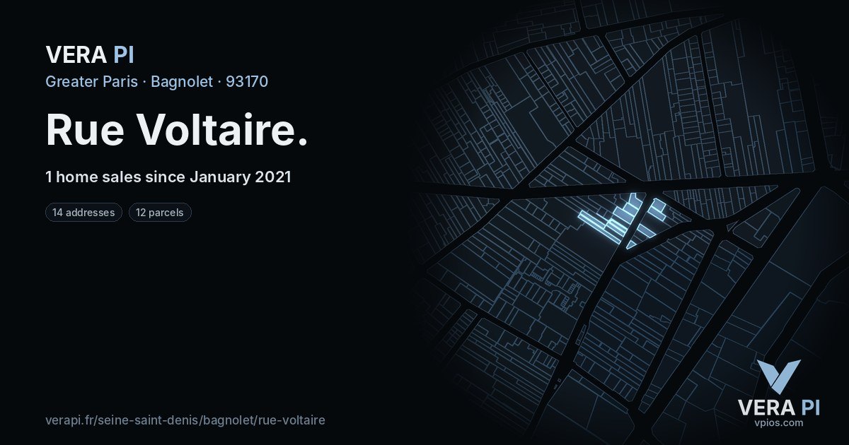 Rue Voltaire, Bagnolet at night – every parcel coloured by the prices around it, the street's own parcels lit