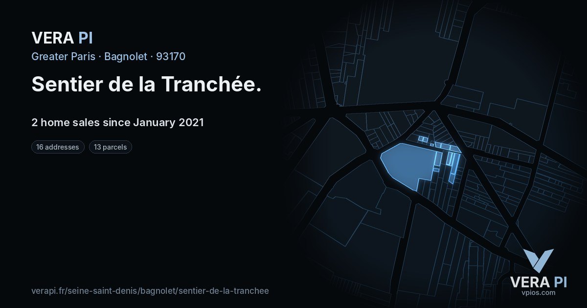 Sentier de la Tranchée, Bagnolet at night – every parcel coloured by the prices around it, the street's own parcels lit