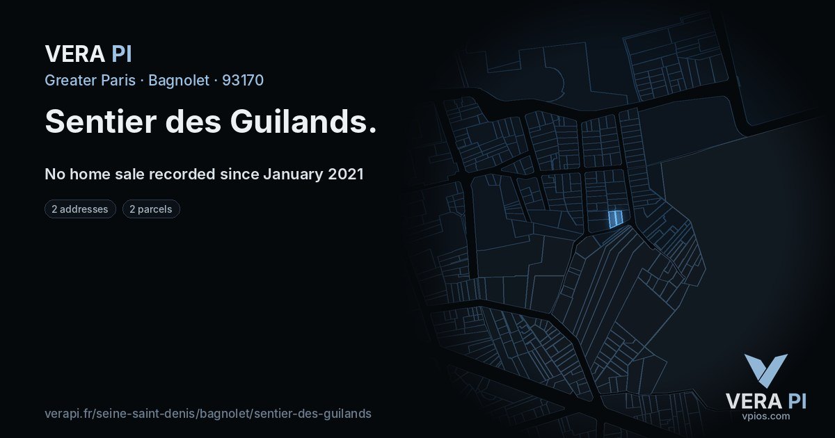 Sentier des Guilands, Bagnolet at night – every parcel coloured by the prices around it, the street's own parcels lit