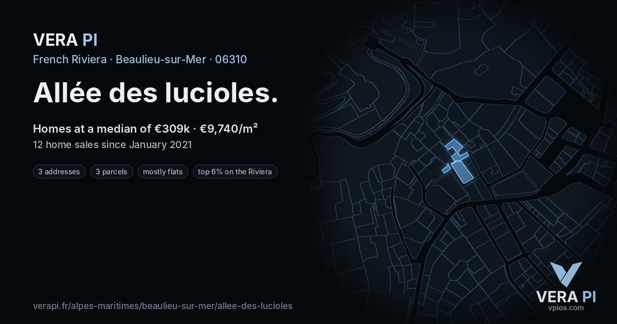 Allée des lucioles, Beaulieu-sur-Mer at night – every parcel coloured by the prices around it, the street's own parcels lit