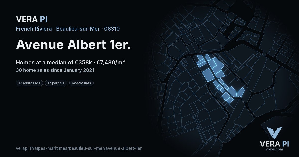 Avenue Albert 1er, Beaulieu-sur-Mer at night – every parcel coloured by the prices around it, the street's own parcels lit