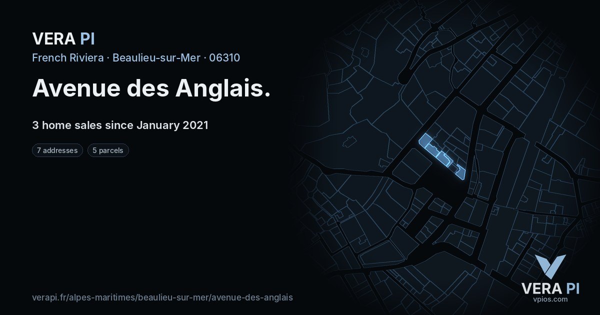 Avenue des Anglais, Beaulieu-sur-Mer at night – every parcel coloured by the prices around it, the street's own parcels lit