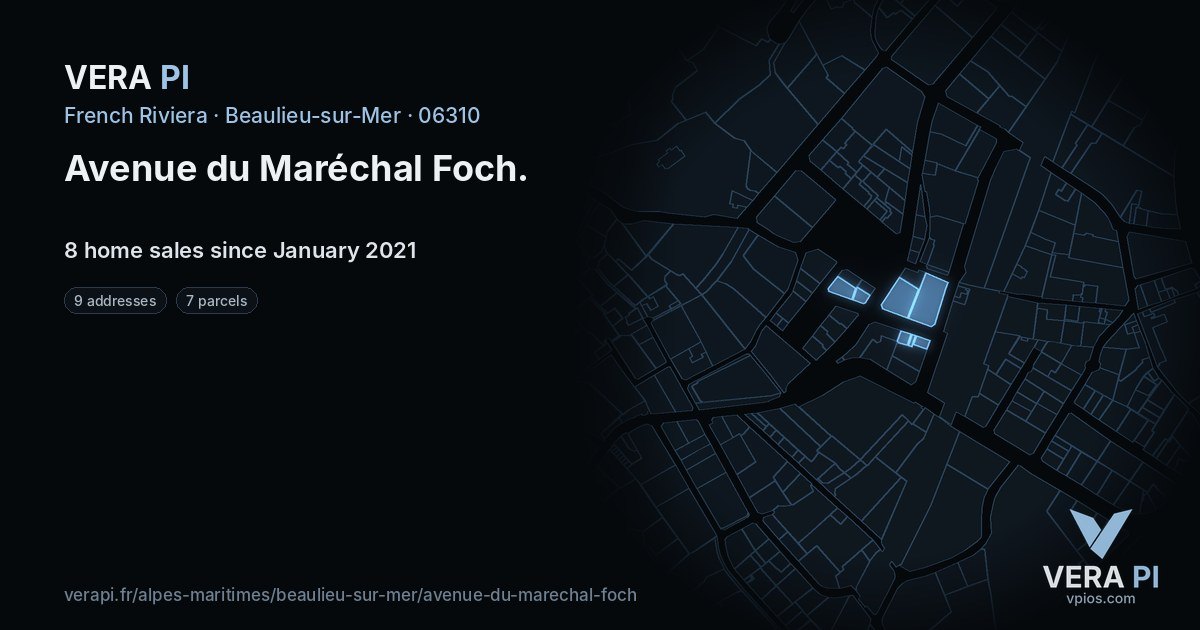 Avenue du Maréchal Foch, Beaulieu-sur-Mer at night – every parcel coloured by the prices around it, the street's own parcels lit