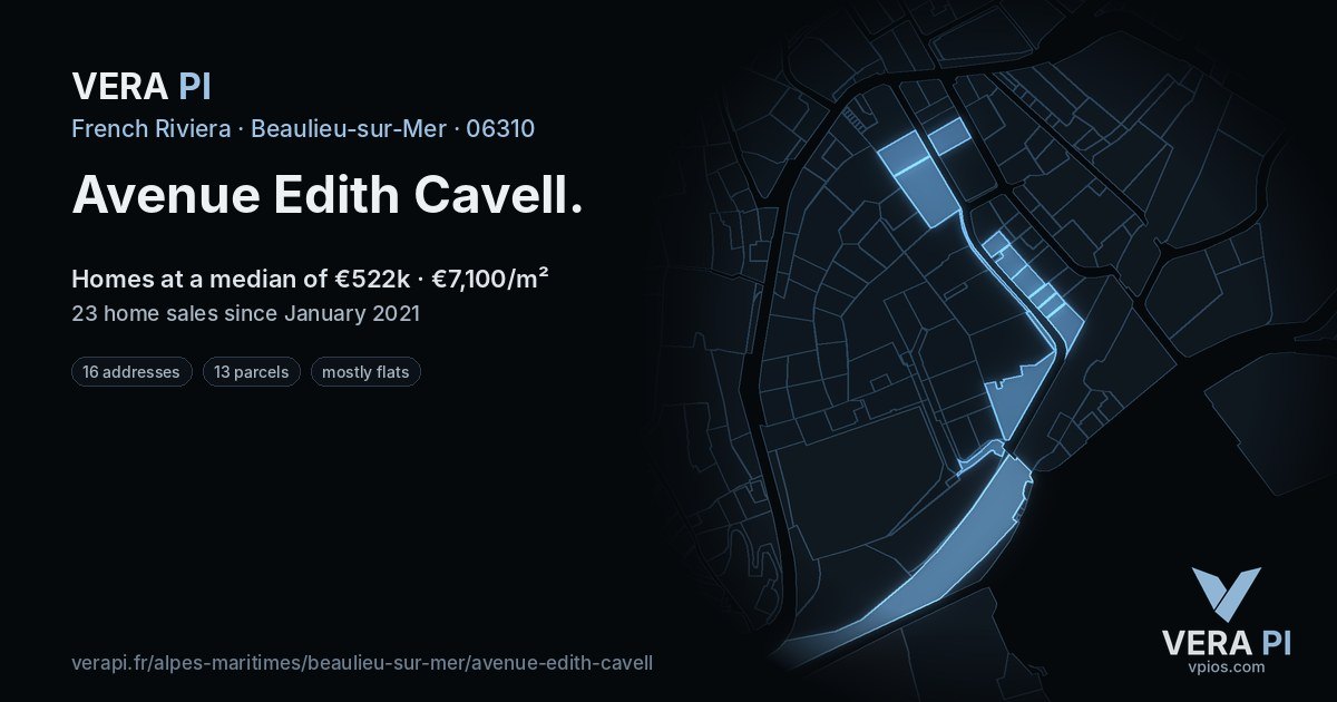 Avenue Edith Cavell, Beaulieu-sur-Mer at night – every parcel coloured by the prices around it, the street's own parcels lit