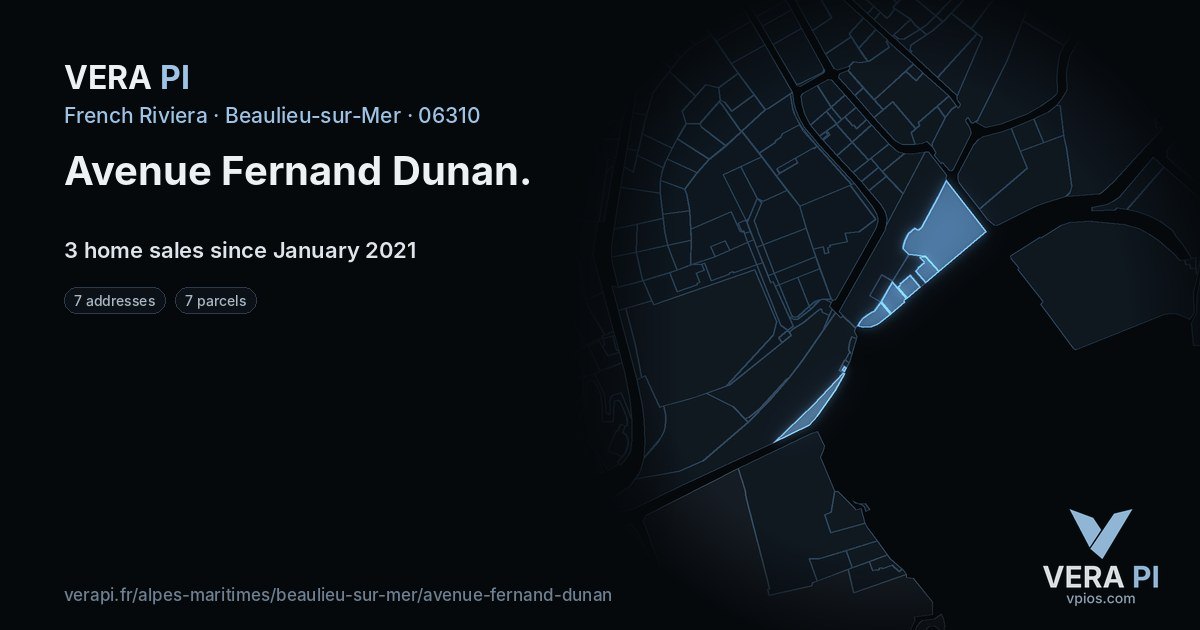 Avenue Fernand Dunan, Beaulieu-sur-Mer at night – every parcel coloured by the prices around it, the street's own parcels lit