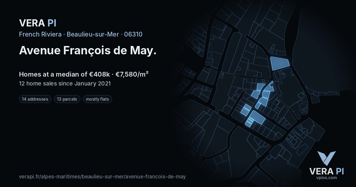 Avenue François de May, Beaulieu-sur-Mer at night – every parcel coloured by the prices around it, the street's own parcels lit