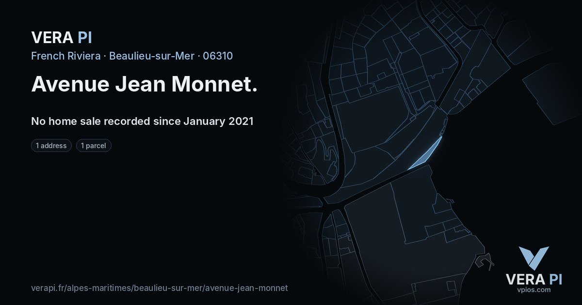 Avenue Jean Monnet, Beaulieu-sur-Mer at night – every parcel coloured by the prices around it, the street's own parcels lit