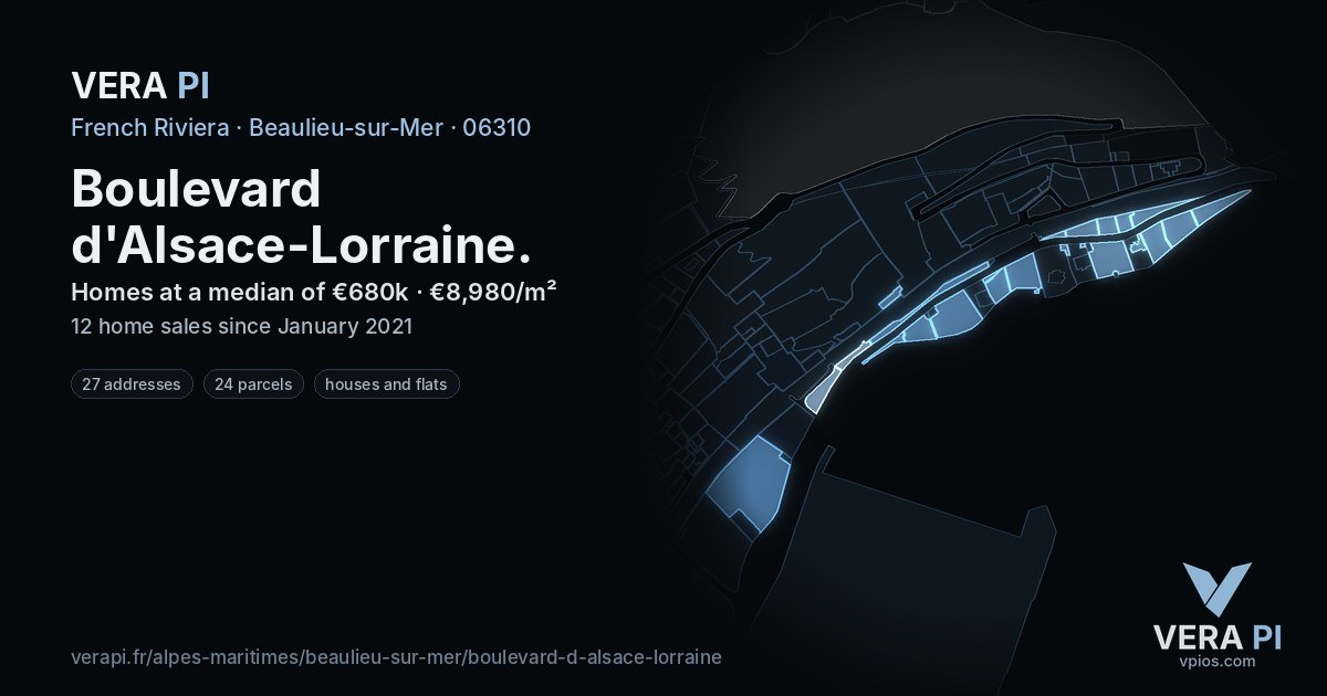 Boulevard d'Alsace-Lorraine, Beaulieu-sur-Mer at night – every parcel coloured by the prices around it, the street's own parcels lit