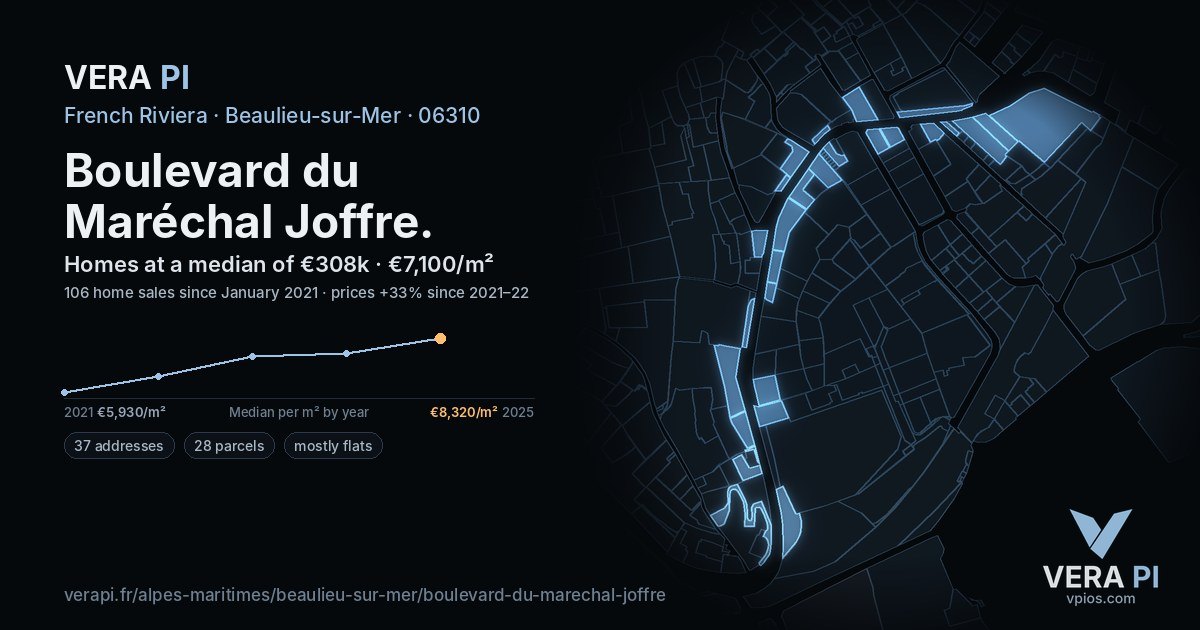 Boulevard du Maréchal Joffre, Beaulieu-sur-Mer at night – every parcel coloured by the prices around it, the street's own parcels lit