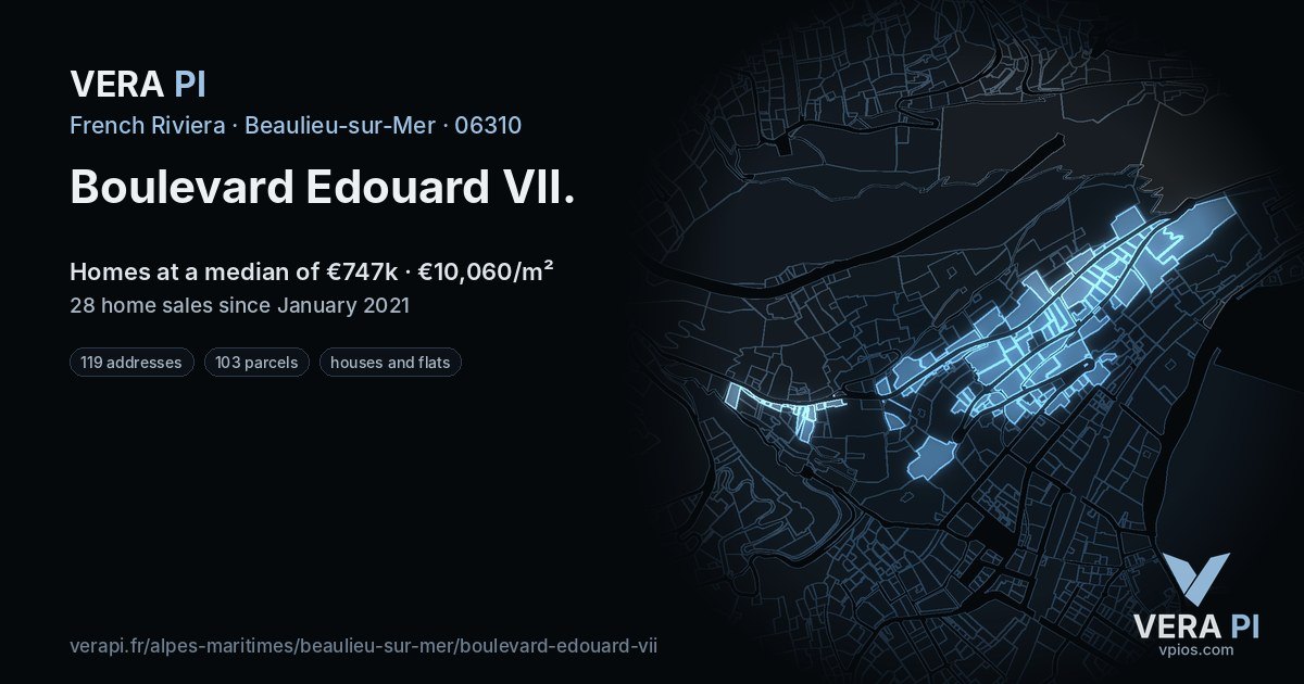 Boulevard Edouard VII, Beaulieu-sur-Mer at night – every parcel coloured by the prices around it, the street's own parcels lit