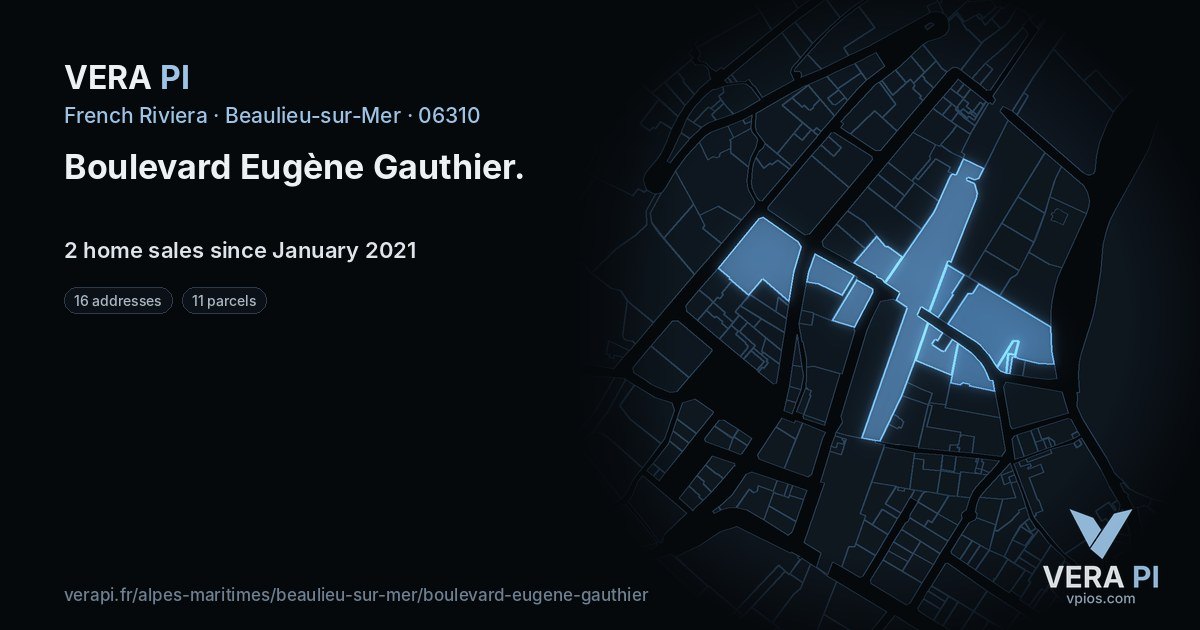 Boulevard Eugène Gauthier, Beaulieu-sur-Mer at night – every parcel coloured by the prices around it, the street's own parcels lit