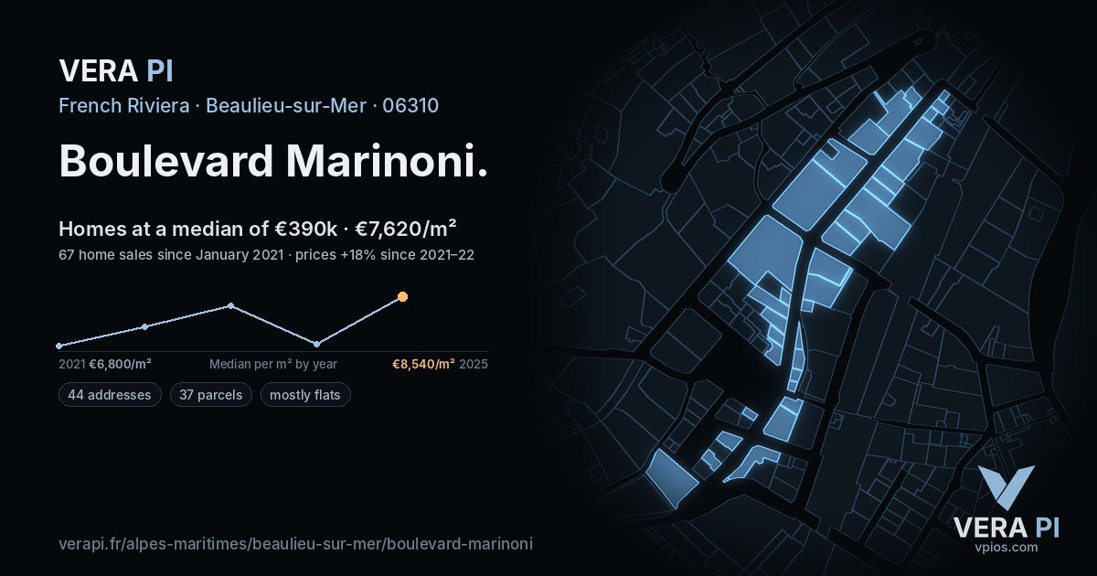 Boulevard Marinoni, Beaulieu-sur-Mer at night – every parcel coloured by the prices around it, the street's own parcels lit