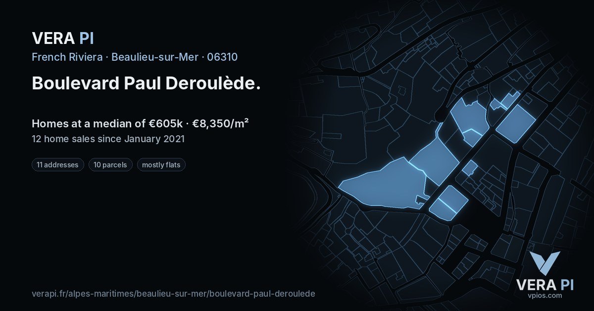 Boulevard Paul Deroulède, Beaulieu-sur-Mer at night – every parcel coloured by the prices around it, the street's own parcels lit