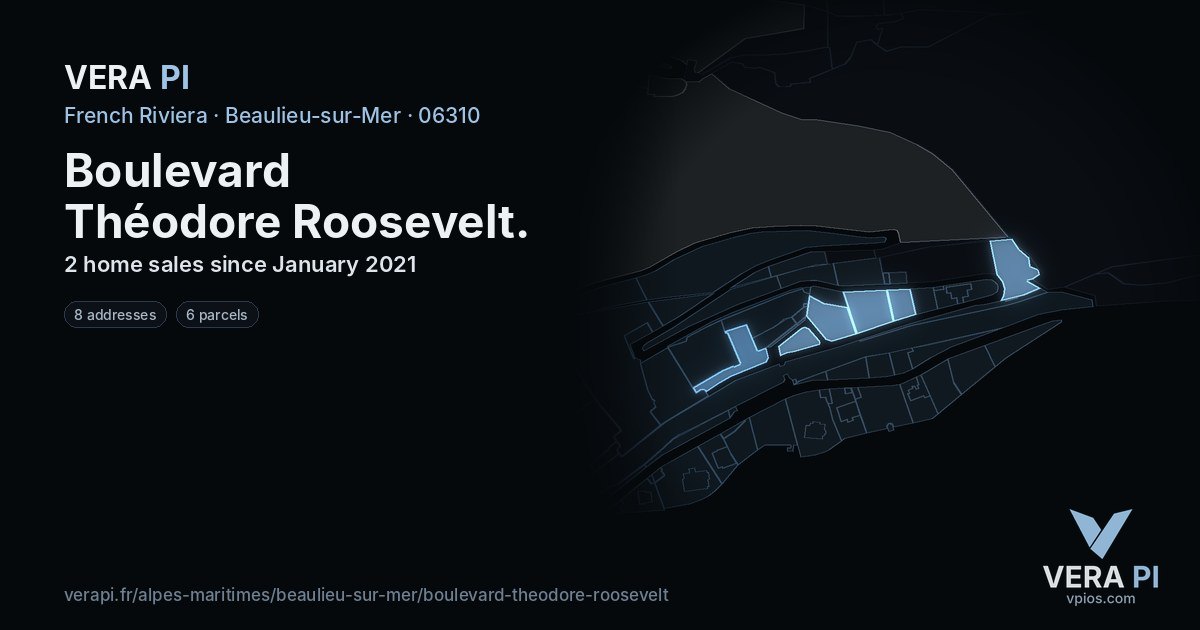 Boulevard Théodore Roosevelt, Beaulieu-sur-Mer at night – every parcel coloured by the prices around it, the street's own parcels lit