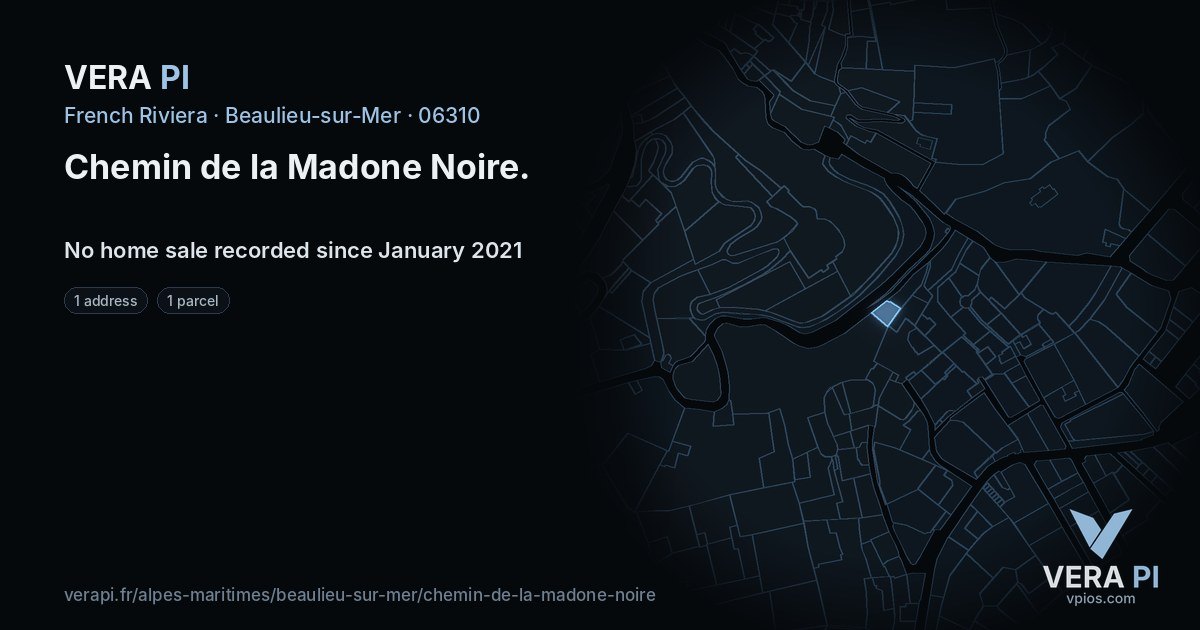 Chemin de la Madone Noire, Beaulieu-sur-Mer at night – every parcel coloured by the prices around it, the street's own parcels lit