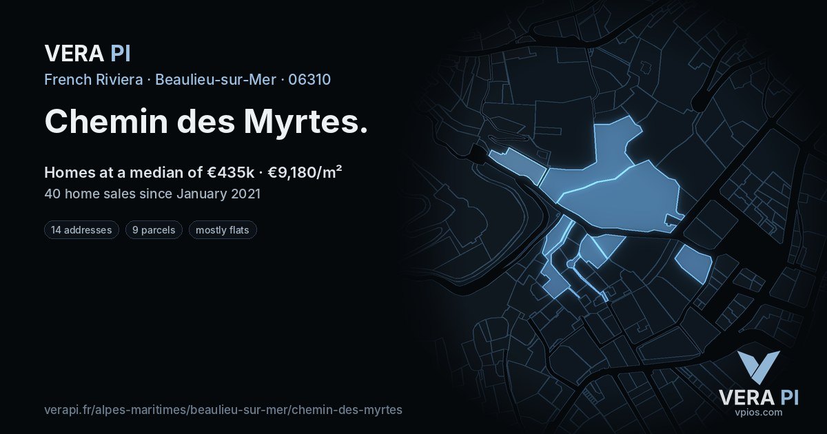 Chemin des Myrtes, Beaulieu-sur-Mer at night – every parcel coloured by the prices around it, the street's own parcels lit