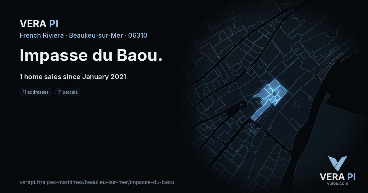 Impasse du Baou, Beaulieu-sur-Mer at night – every parcel coloured by the prices around it, the street's own parcels lit