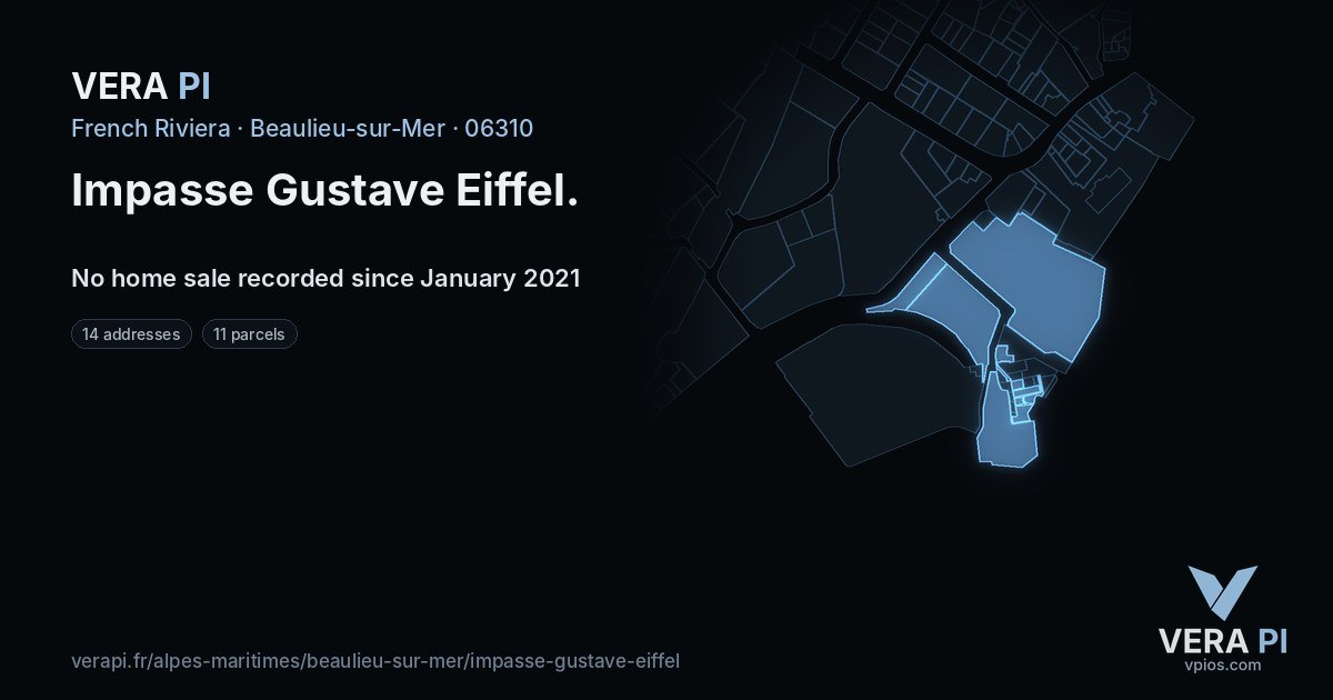 Impasse Gustave Eiffel, Beaulieu-sur-Mer at night – every parcel coloured by the prices around it, the street's own parcels lit