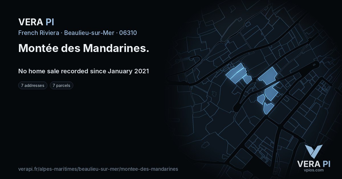 Montée des Mandarines, Beaulieu-sur-Mer at night – every parcel coloured by the prices around it, the street's own parcels lit